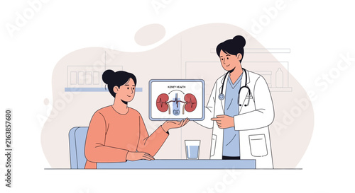 Doctor showing kidney anatomy to patient on tablet, healthcare illustration