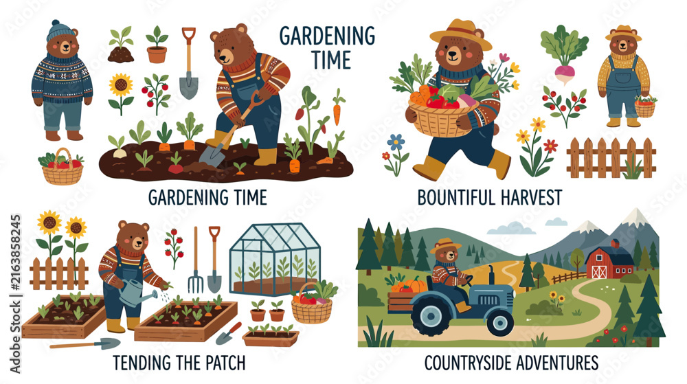 Fototapeta premium Whimsical Bears Enjoying Garden Activities and Countryside Life