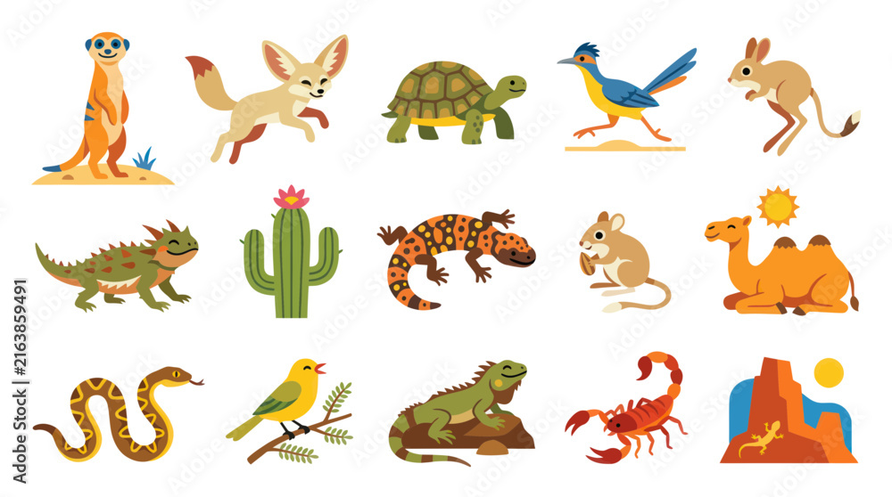 Fototapeta premium Flat Vector Illustration of Cute Desert Animals and Plants Set - Wildlife, Fauna, Flora Collection