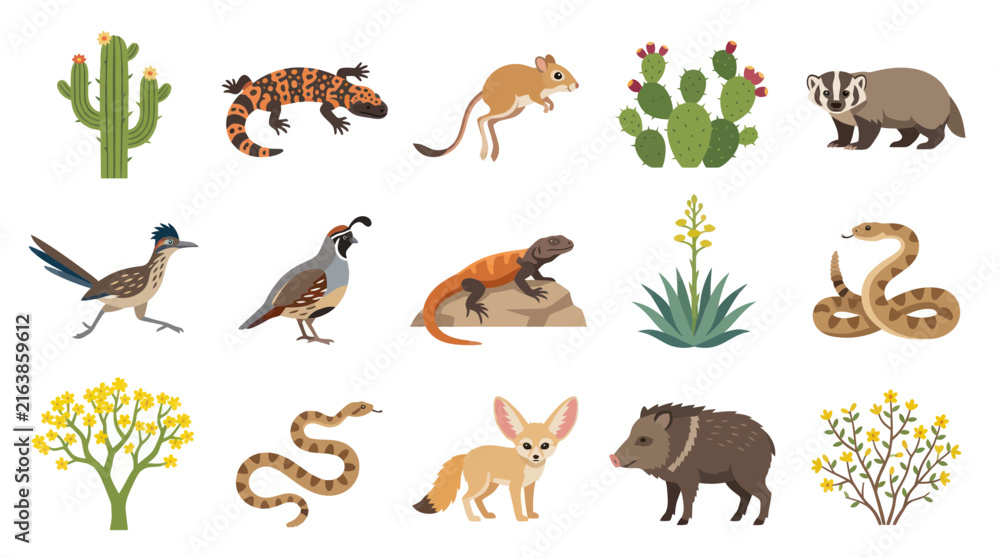 Fototapeta premium Desert Animals and Plants Flat Vector Icons - Wild Nature Illustration