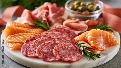 A beautifully arranged charcuterie board with cured meats, salmon and capers on a marble platter