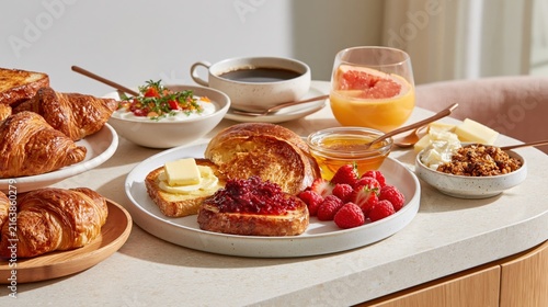 A beautifully arranged breakfast with croissants fruit, toast, coffee and orange juice on a