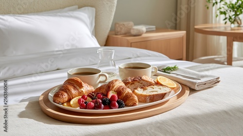 A breakfast tray with croissants  fruit  and coffee on a bed in a modern room