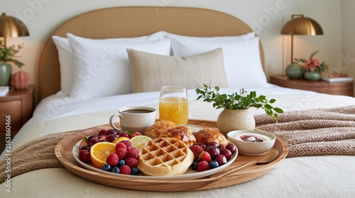 A breakfast tray with waffles, fruit, coffee and orange juice on a bed