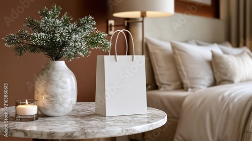 A cozy bedroom scene with a marble table holding a white gift bag, a candle and a frosted pine