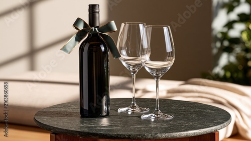 A dark wine bottle with a ribbon sits beside two empty glasses on a round table