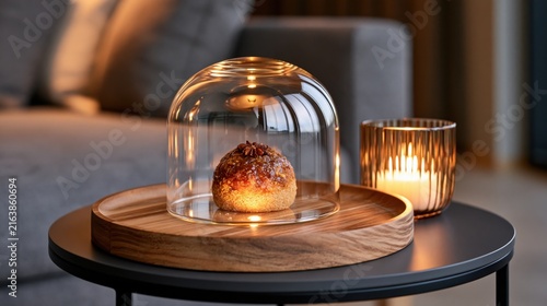 A dessert under glass dome on wooden tray beside lit candle