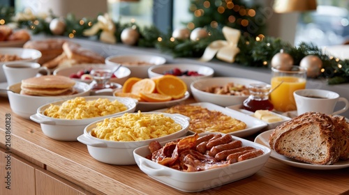 A festive breakfast spread with scrambled eggs bacon, sausages, pancakes and fresh fruit