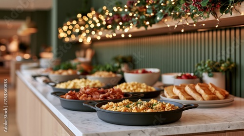 A festive buffet with scrambled eggs, bacon, toast and holiday decorations