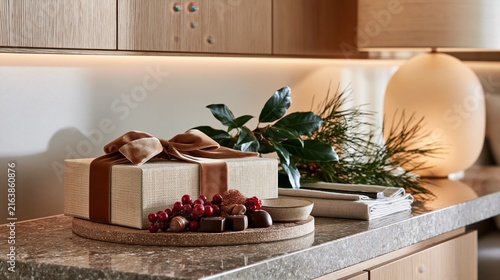 A festive gift box with chocolates and berries on a modern countertop