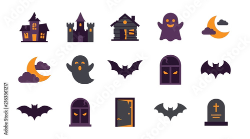 Colorful Halloween spooky theme icon collection.