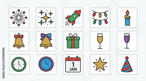 Colorful New Year and holiday celebration icon collection.