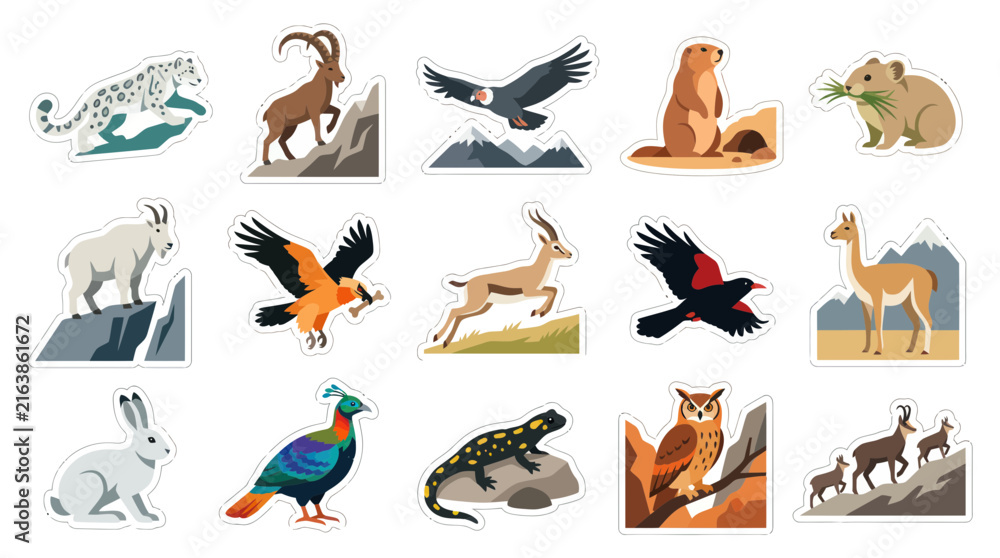 Fototapeta premium Flat Design Mountain Wildlife Animals Vector Stickers Set