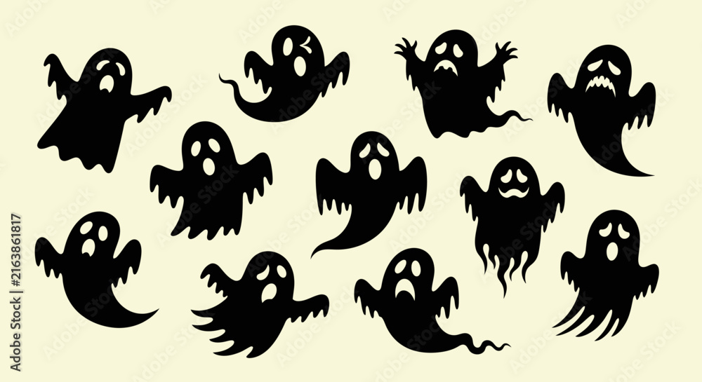 Naklejka premium Group of playful stylized vector characters with minimalist design and clean outlines on white background, featuring vibrant colors and modern graphic aesthetics for versatile commercial use.