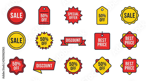 Colorful retail sale labels and discount stickers.