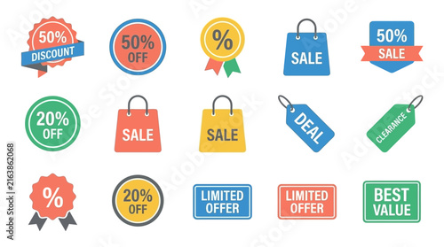 Colorful shopping sale tags and promotional price labels.