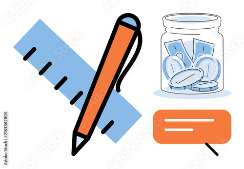 Ruler pen and money jar vector illustration. Budgeting, financial planning, savings, investment, business strategy, economic growth. Measuring tools and currency container graphic design