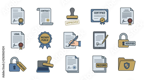 Contract signing and legal document icons.