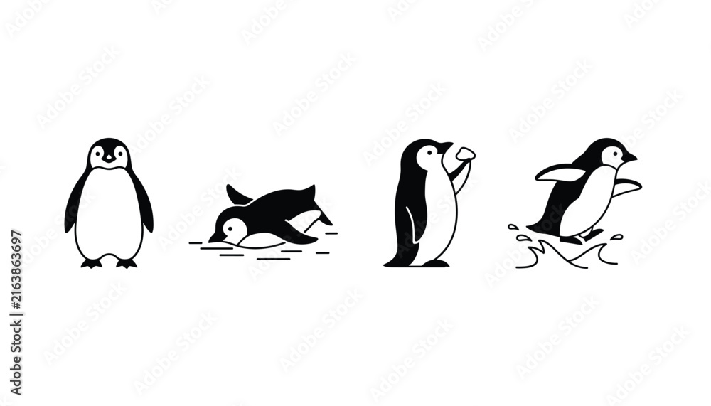 Obraz premium Black and white illustrations of adorable penguins shown standing, swimming, and sliding on ice in various poses.
