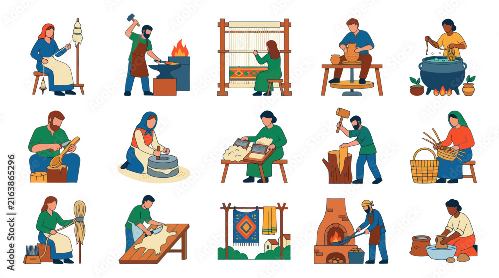 Fototapeta premium Flat Vector Art: Craftsmen and Women Engaged in Traditional Artisanal Work