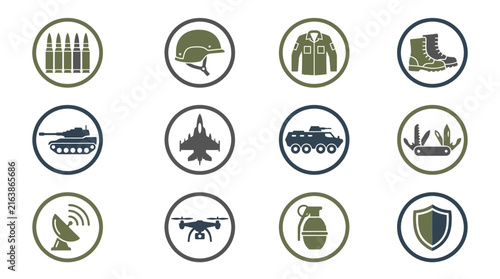 Defense and military equipment outline icons.