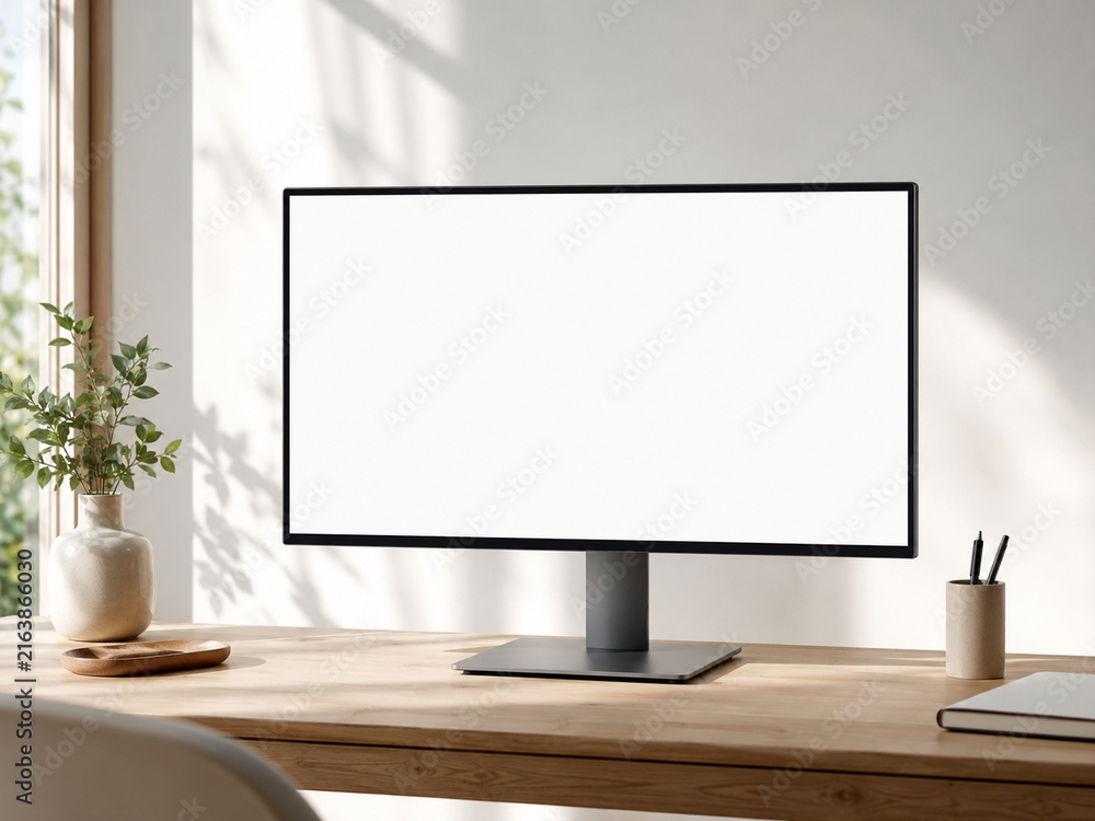 Fototapeta premium Blank desktop monitor mockup in a bright minimalist home office