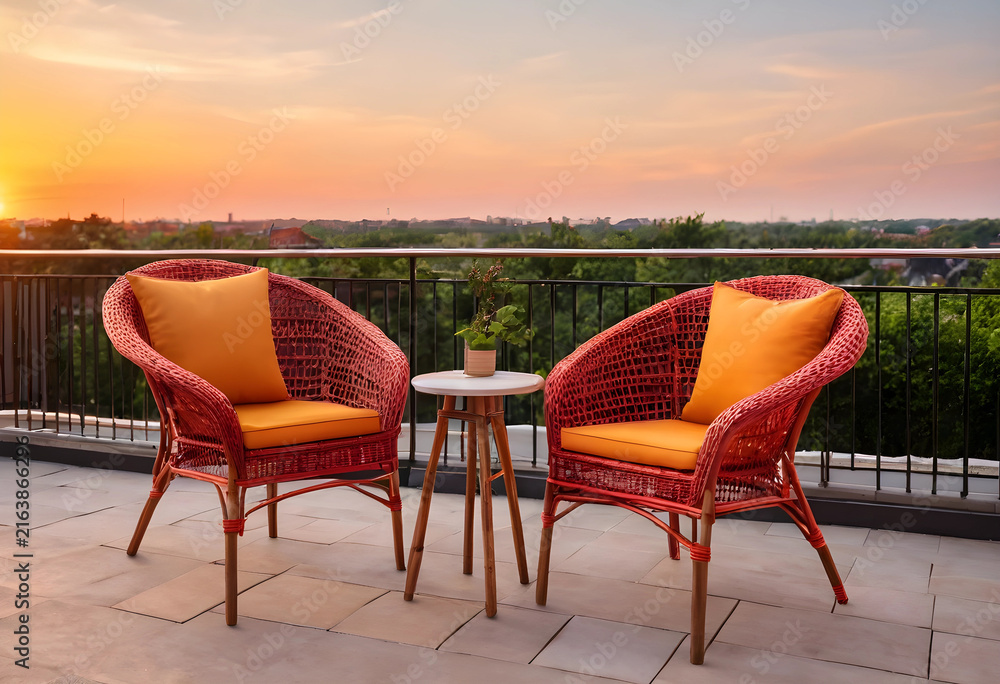 Fototapeta premium Relaxation and outdoor living, two wicker chairs with orange cushions on a balcony at sunset, tranquil evening scene