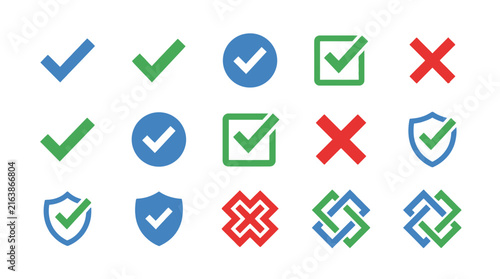 Diverse checkmark and cross mark UI icons set.