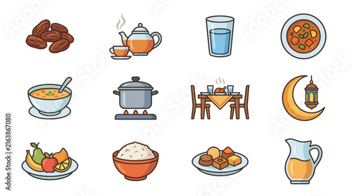 Diverse food and dining kitchen icon set.