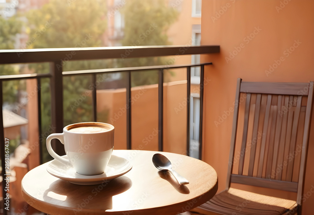 Fototapeta premium Morning coffee on a sunny balcony, relaxation and leisure lifestyle, breakfast beverage outdoors with urban view