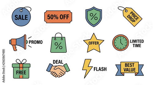 E-commerce sales badges and promotional marketing icons.