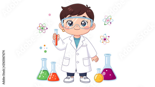 Scientist child wearing protective goggles and a white lab coat holds a chemical test tube.