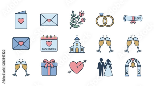 Elegant wedding celebration and romantic event line icons.