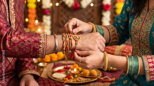 Rakhi Bandhan celebration with sister tying sacred thread on brother wrist during festival