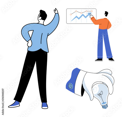 People analyzing financial charts and holding a lightbulb vector illustration. Success, development, startup, creativity, planning, investment. Professionals examining data and generating ideas