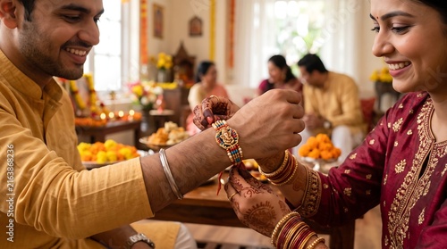 Rakhi Bandhan celebration with sister tying sacred thread on brother wrist during festival