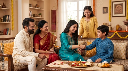 Rakhi Bandhan celebration with Indian family tying bracelet in living room