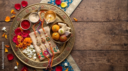 Rakhi Bandhan traditional festival celebration with sweets and floral offerings on a wooden table