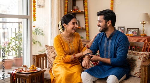 Rakhi Bandhan festival celebration with brother and sister smiling together at home