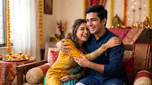Rakhi Bandhan celebration with happy brother and sister hugging during festival inside home