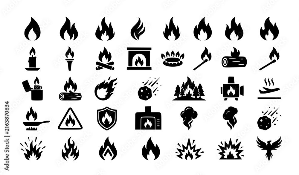 Fototapeta premium Flame Fire Burning Heat 29 Black Layered Editable Vector Icons Set