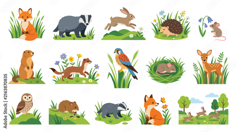 Obraz premium Flat Illustration of Woodland Animals in Nature, Vector Graphics