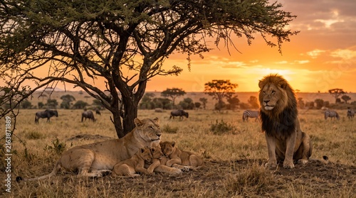 Lion Pride Resting Under an Acacia Tree at Sunset, Lioness with Cubs and Male Lion in Golden Savanna Wildlife Photography