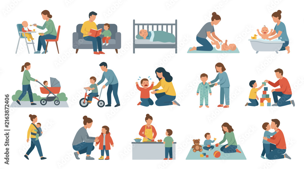 Fototapeta premium Parents and Kids Flat Vector Illustration: Daily Childcare, Family, and Parenting Activities
