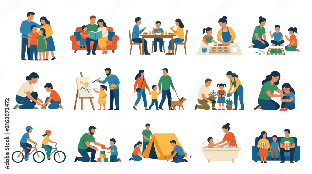 Fototapeta premium Diverse Families Enjoying Activities Together: Cooking, Art, Outdoors, Home Life