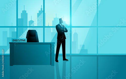 Executive businessman standing in modern office with executive desk and city skyline