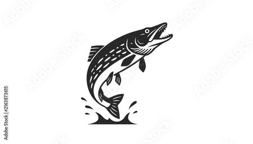 Striking black and white graphic illustration depicts a powerful pike fish leaping high out of the splashing water.