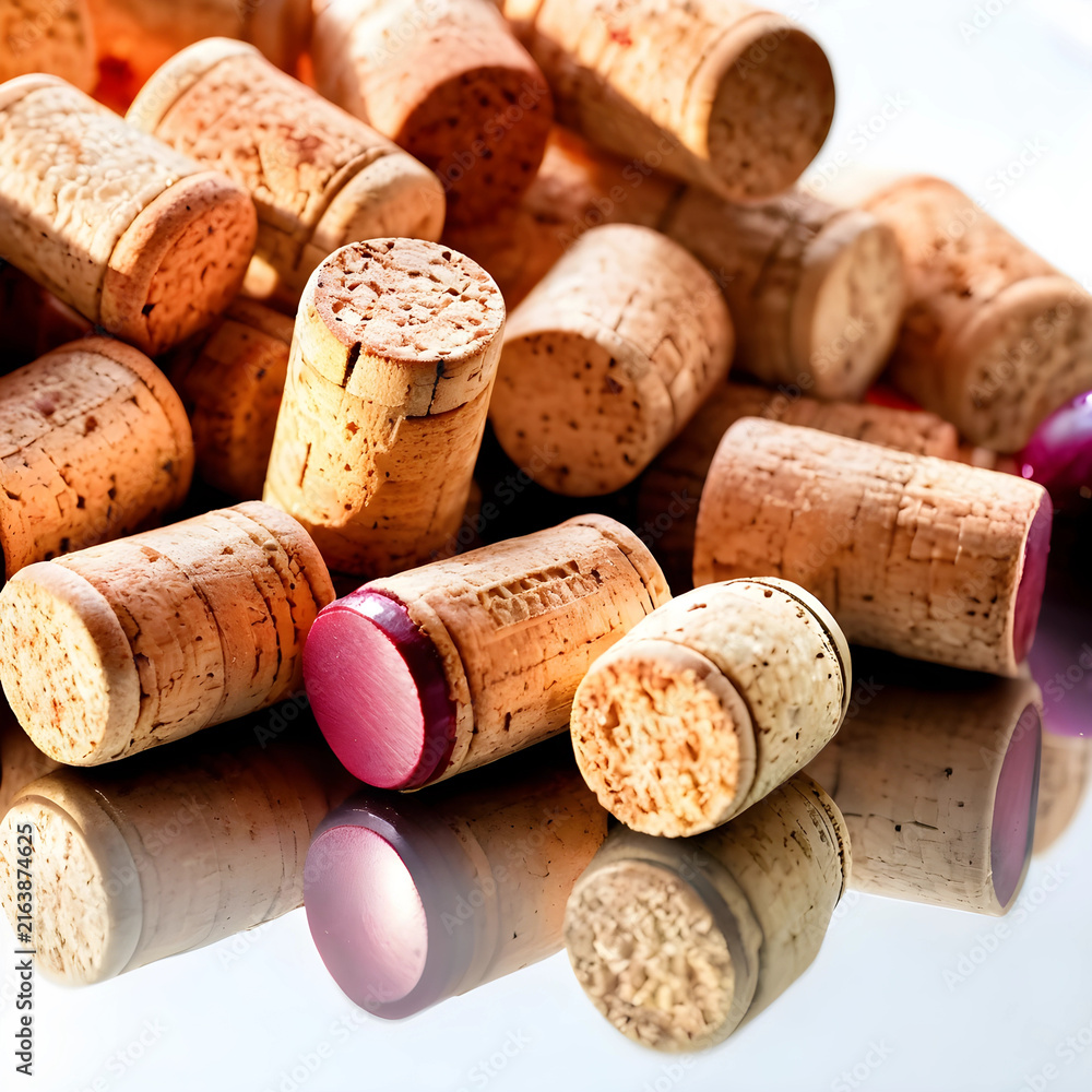 Naklejka premium Wine corks and reflections, winemaking and celebration concept, close up of used corks with red wine stains