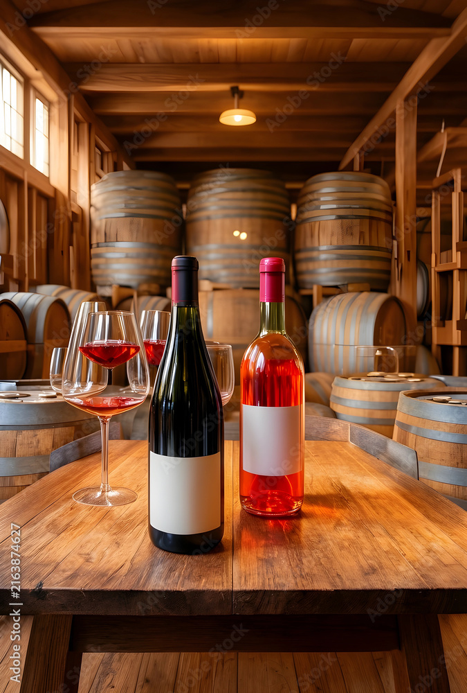 Naklejka premium Wine tasting experience in a rustic cellar, red and rosé wine bottles with glasses on a wooden table, winery production and storage