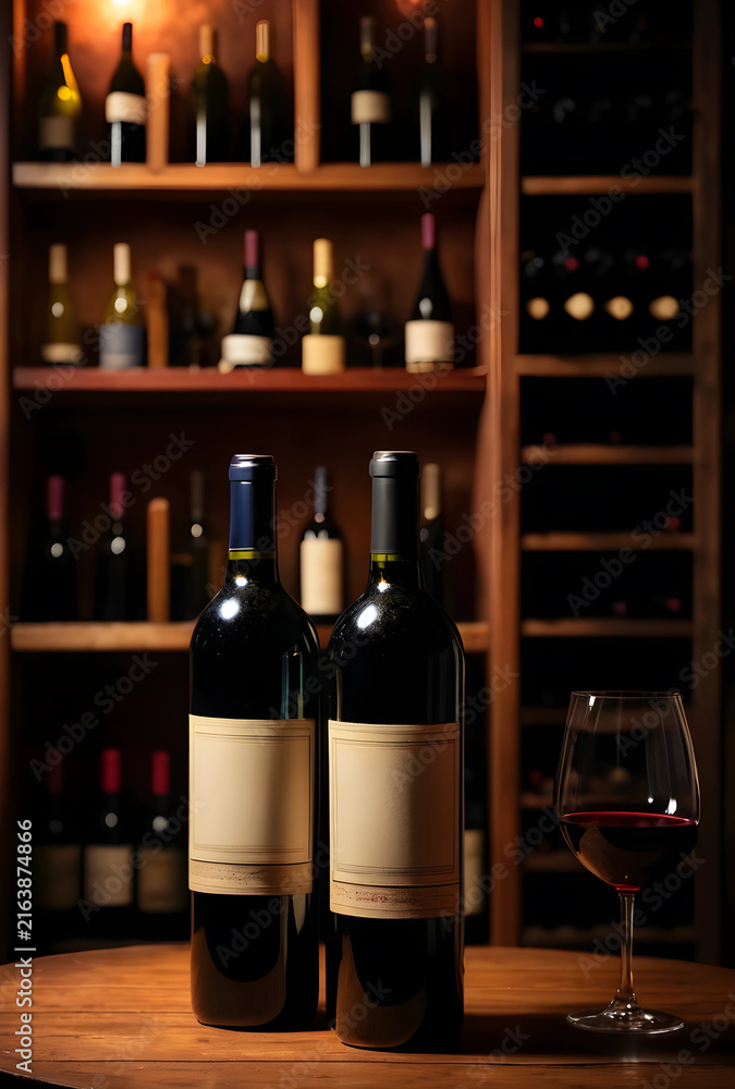 Naklejka premium Wine tasting and luxury cellar experience, two red wine bottles with blank labels and a glass of wine on a wooden table